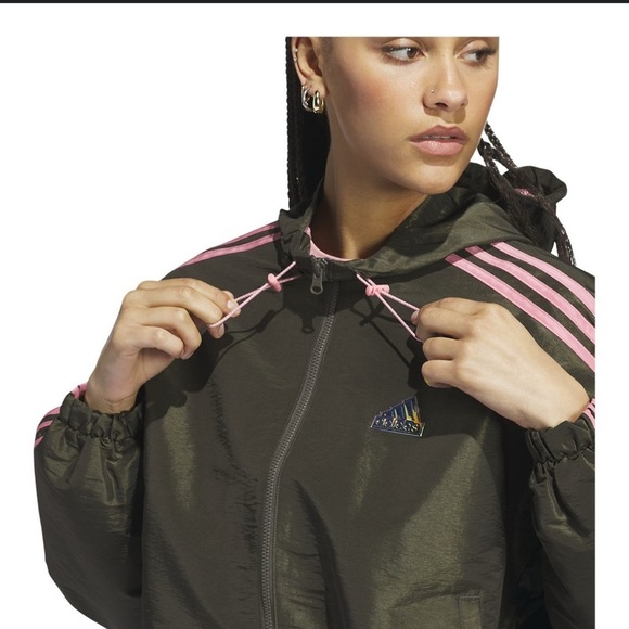 Adidas Women's Green Jacket with Pink Stripes - Picture 2 of 9